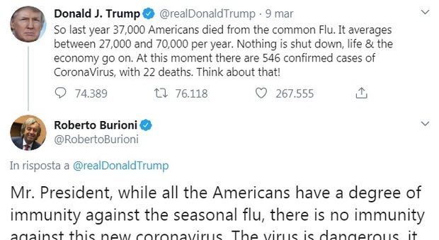 Coronavirus, Burioni contro Trump: «È solo un'influenza», «No, il virus è pericoloso»