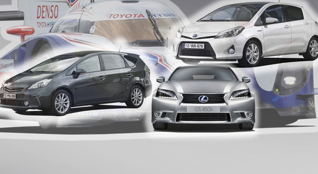 Alcune delle Toyota ibride più famose: da sinistra, la Pris+, la Lexus LS e la Yaris