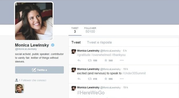 Monica Lewinsky su Twitter, boom di followers: "Sono la prima vittima di molestie online"