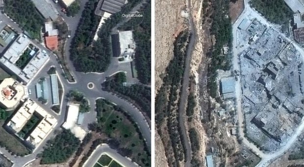 Il centro di ricerca di Damsco prima e dopo le bombe (Satellite image)