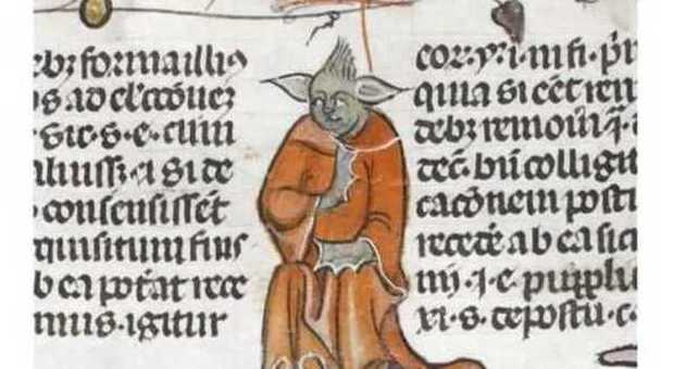 La pagina del manoscritto con il monaco-Yoda