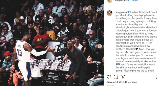 Kobe Bryant morto, LeBron James saluta l'amico: «Fratello, porterò avanti la tua eredità»