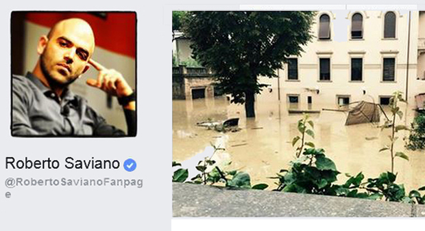 Roberto Saviano e una foto di una casa inondata a Livorno