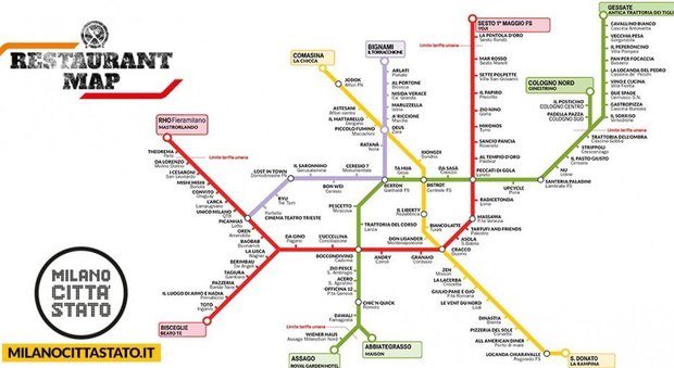 La mappa della metropolitana, ma al posto delle fermate ecco i ristoranti dove andare a mangiare