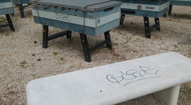 Ancora vandali nella pineta del Passetto Imbrattati biliardini, muretto e panchine