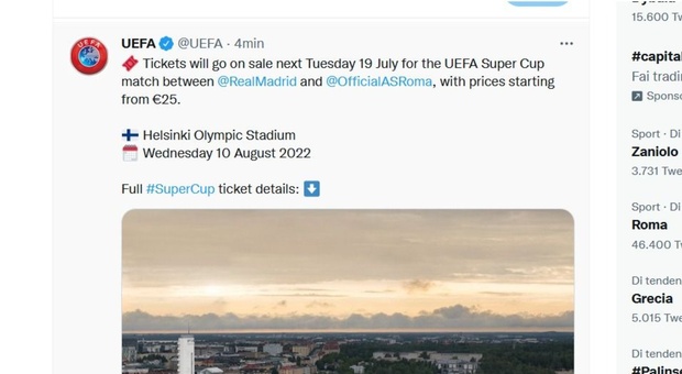 Supercoppa europea, la gaffe Uefa: «In vendita i biglietti per Real Madrid-Roma». Poi cancella il tweet