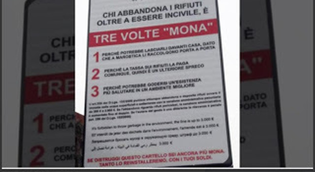 «Tre volte mona»: i cartelli del Comune "sfottono" chi abbandona i rifiuti