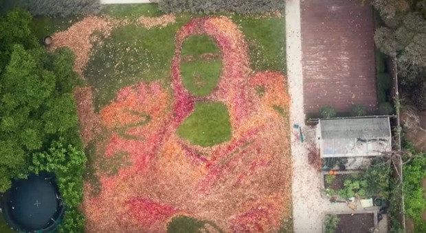 Gigantesca Monna Lisa di 15 metri realizzata con migliaia di foglie autunnali Video