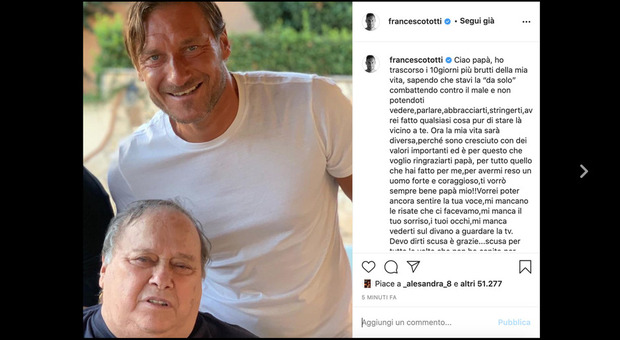 Francesco Totti, le prime parole per papà Enzo morto di Covid: «I dieci giorni più brutti della mia vita, ciao Sceriffo»