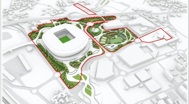 Il rendering del progetto Stadio della Roma a Pietralata depositato dalla società giallorossa in Campidoglio nel progetto preliminare