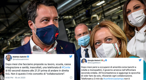 Salvini e Meloni contro Conte: «Collaborazione? Da lui solo una telefonata di pochi minuti»