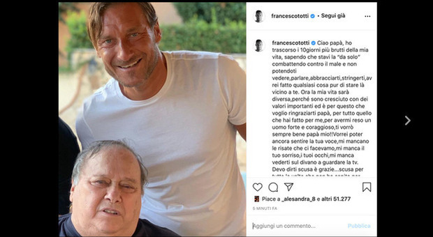 Francesco Totti, le prime parole per papà Enzo morto di Covid: «I dieci giorni più brutti della mia vita»