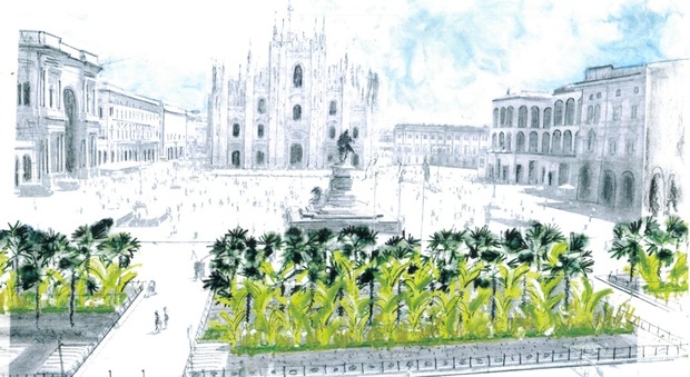 Un disegno del progetto di sistemazione delle aiuole di piazza Duomo (Omnimilano)