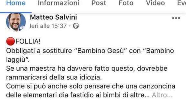 Gesù “nascosto” nella canzoncina di Natale a scuola, Salvini: «Una follia»