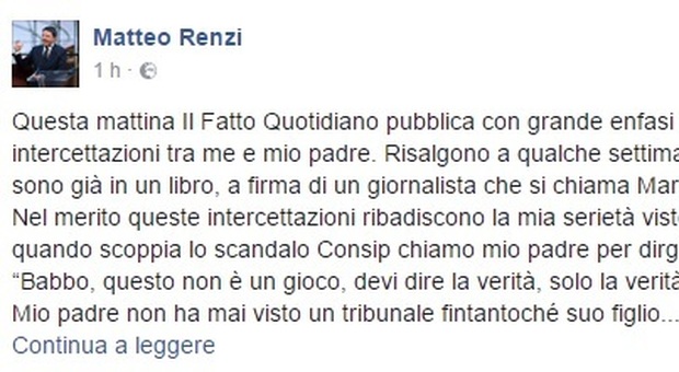 Renzi e la telefonata al padre, il post su Fb: "Da figlio mi dispiace"