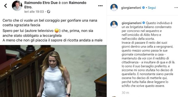 Giorgia Meloni insultata dall'ex brigatista Etro: «Ora basta, lo querelo»