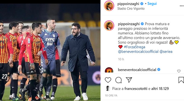 Il Benevento ferma la Roma, Inzaghi esulta su Instagram: e arriva il "mi piace" di Francesco Totti