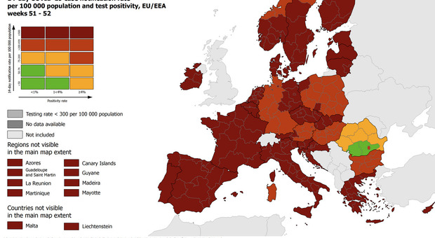 Mappe Ecdc, Italia tutta in rosso scuro tranne la Sardegna: indice di rischio massimo