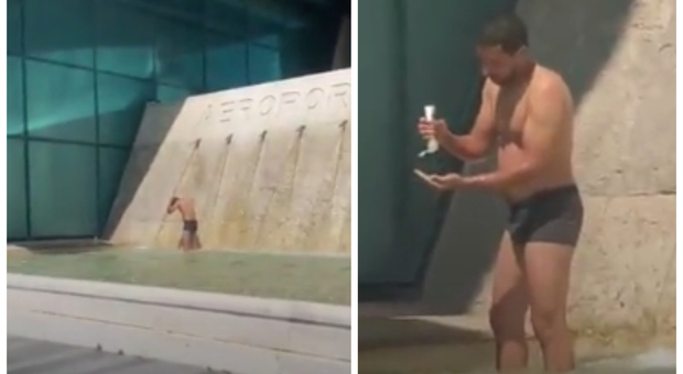 Si fa il bagno con lo shampoo nella fontana all'aeroporto di Fiumicino: passeggeri e turisti increduli