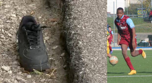 A sinistra la scarpa di Chris sul ciglio della strada dopo l'impatto, a destra lui in una partita di calcio con la sua squadra (la Polisportiva Negrar)