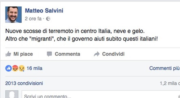 Terremoto, Salvini su Twitter: "Altro che migranti, aiutate gli italiani". Pioggia di commenti