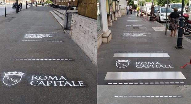 Roma, fase 2: nuova segnaletica anti-contagio sull'asfalto. Raggi: «Vicini anche rispettando le distanze»