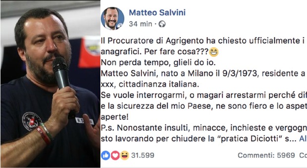 Nave Diciotti, Salvini su Fb: «Il Procuratore vuole i miei dati, per fare cosa?». Poi attacca la Boldrini: «Pensi agli italiani»