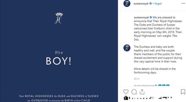 Royal baby, l'annuncio di Meghan ed Harry su Instagram: «It's a boy»