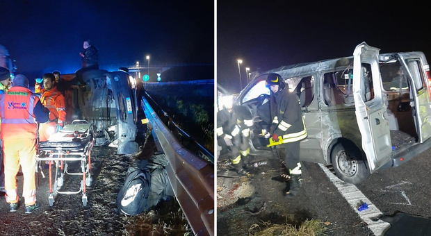 Incidente in autostrada, minivan si ribalta: 5 feriti, 30enne in fin di vita. «L'autista avrebbe avuto un colpo di sonno»