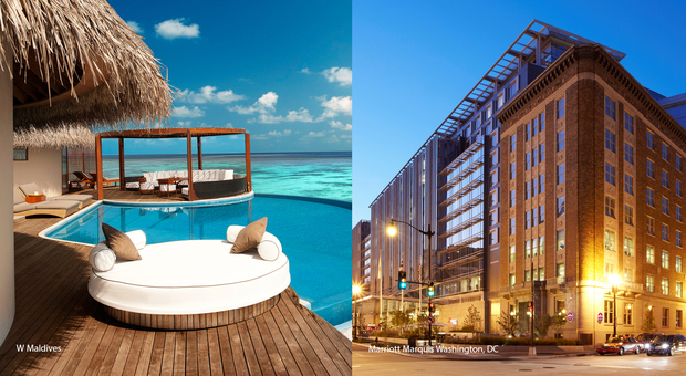 Fusione fra Starwood (a sinistra l'hotel W Maldives) e Marriott (a destra Marquis Washington Dc) Foto Marriott.com