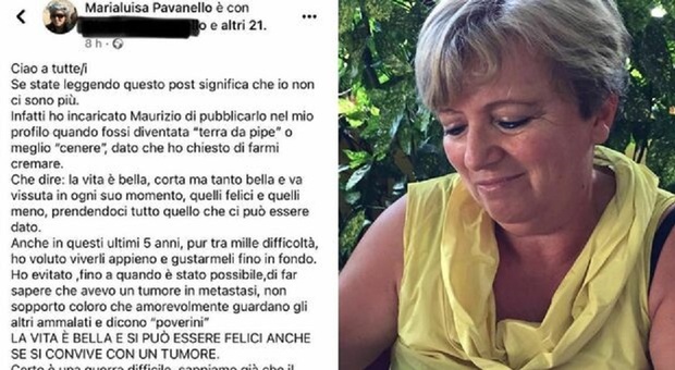 Morta per un tumore, Marialuisa Pavanello incarica il marito di pubblicare un ultimo saluto sui social: «La vita è corta ma bella»