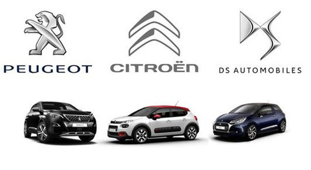 I tre marchi del gruppo PSA, Citroen, DS e Peugeot)