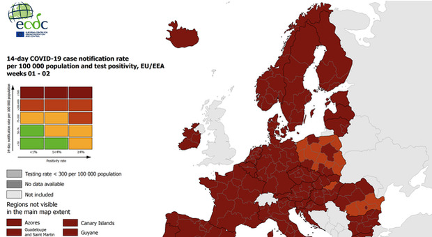La mappa Ecdc conferma tutta l'Italia in rosso scuro