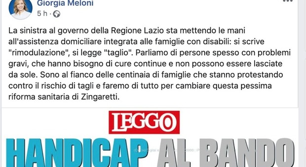 «Assistenza domiciliare tagliata»: rivolta delle famiglie contro la Regione Lazio. Giorgia Meloni commenta l'articolo di Leggo: «Non possono essere lasciate da sole»