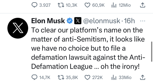 Calano le entrate pubblicitarie su X e per Elon Musk la colpa è degli ebrei e vuol far causa alla ADL