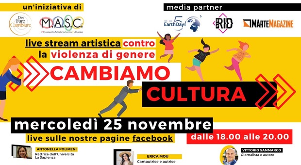 Violenza di genere, mercoledì 25 novembre il live stream artistico culturale "Cambiamo cultura"