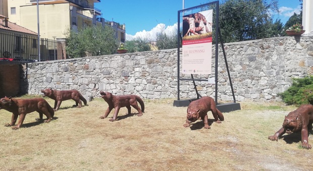 I 5 lupi di Liu Ruowang all'ingresso dell'area archeologica del Teatro Romano