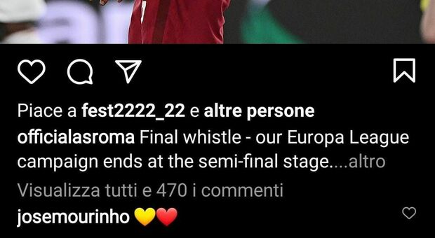 Mourinho, due cuoricini giallorossi su un post Instagram della Roma