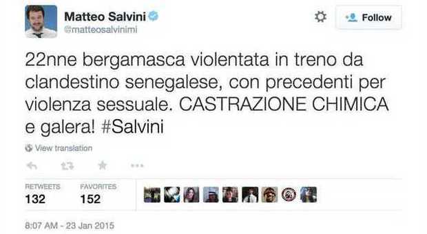 Senegalese violenta una 22enne sul treno, Salvini: "Castrazione chimica e galera"