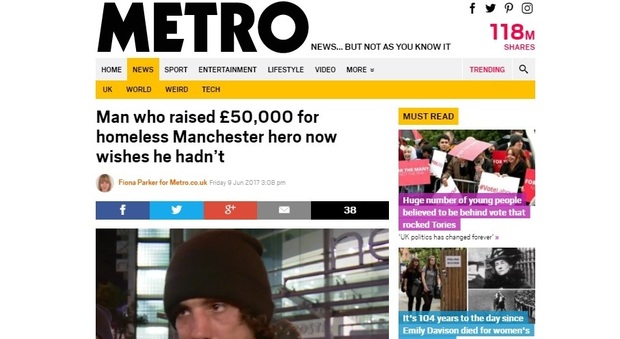 Raccoglie fondi per il clochard eroe di Manchester: "Me ne sono pentito" (Metro.co.uk)