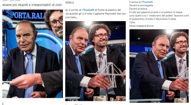 Toninelli sorridente con il plastico del Morandi, è polemica sui social: «Irrispettoso»