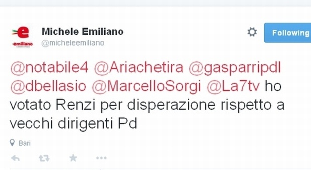 Lo screenshot del tweet di Michele Emiliano
