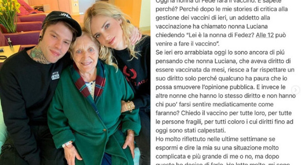 Chiara Ferragni attacca la Lombardia: «Oggi vaccino alla nonna di Fedez solo perché mi temono». Appello a Draghi