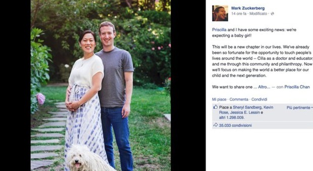 Zuckerberg diventa papà, la moglie è incinta. E l'annuncio arriva (ovviamente) su Facebook