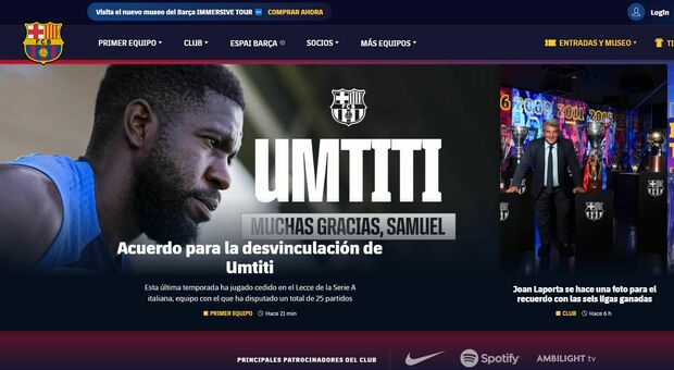 La homepage del sito del Barcellona
