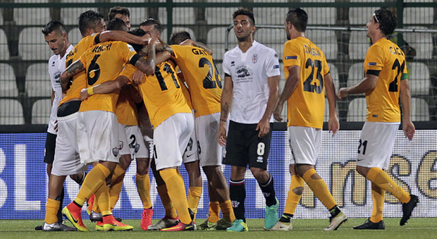 I bianconeri festeggiano il gol di Cassata a Vercelli