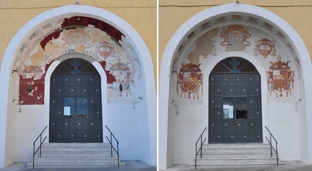Santa Maria del Parto, gli stemmi prima e dopo il restauro