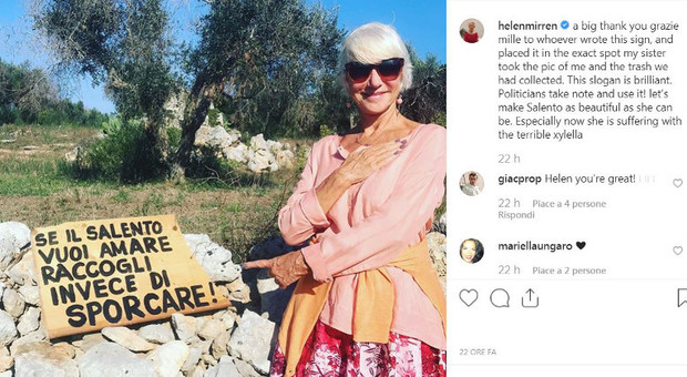 «Non sporcate»: Helen Mirren contro gli sporcaccioni nel Salento