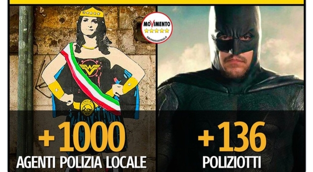 Raggi punge Salvini: «Se lui è Batman per 136 poliziotti, io ho assunto 1000 vigili e sono Wonder Woman»