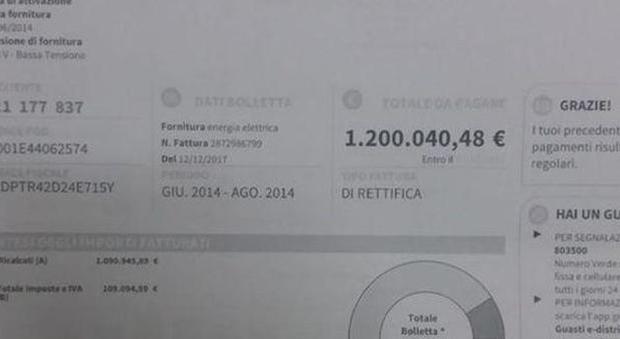 Bolletta della luce da un milione e duecentomila euro, choc per un 75enne